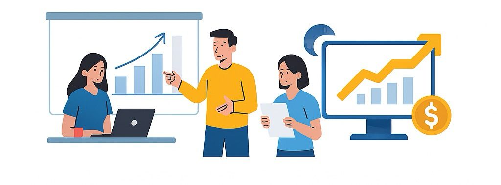 Ilustración 2D representando campañas de Google Ads con gráficas de rendimiento, anuncios destacados y estrategias de