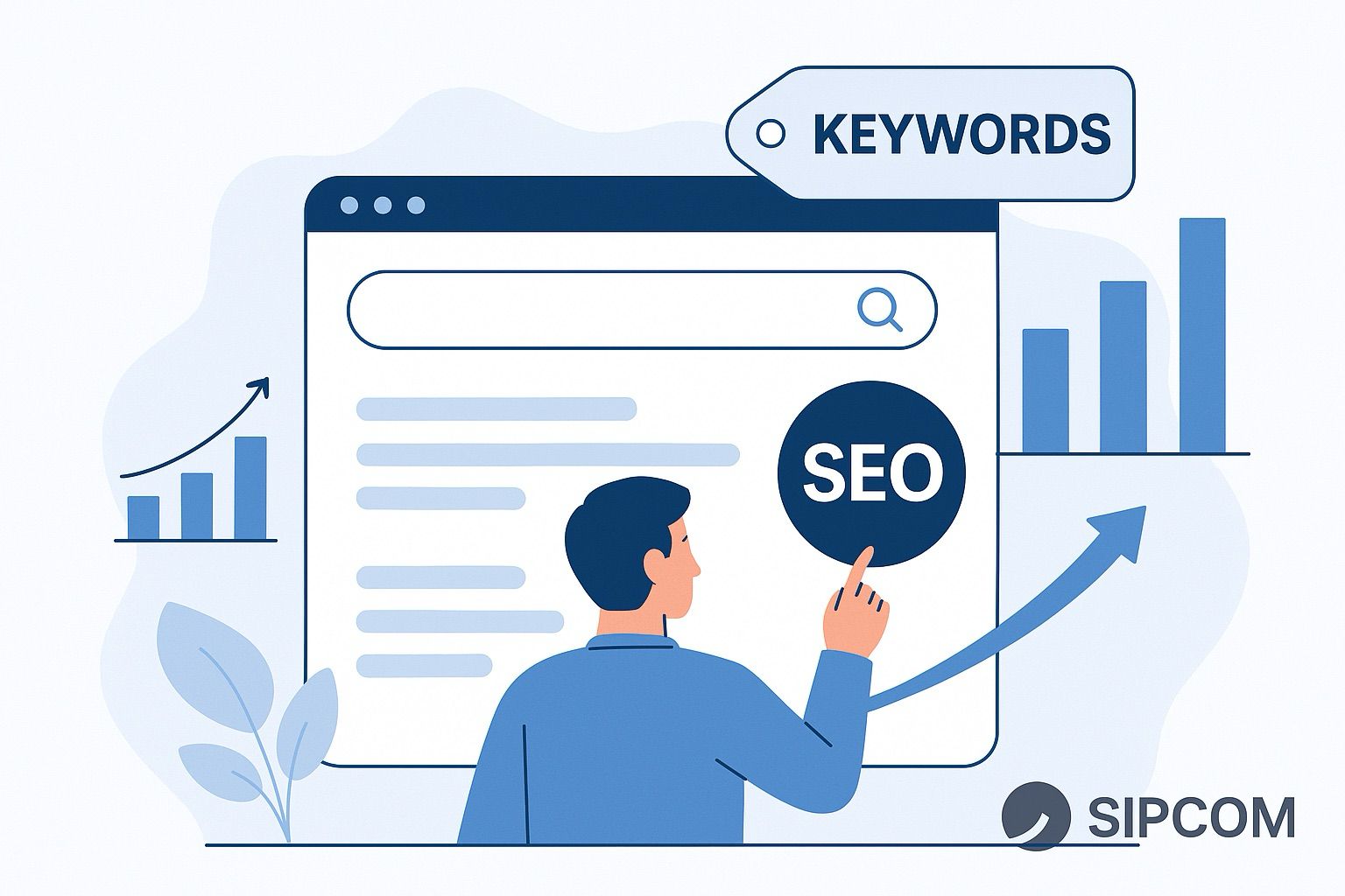 Ilustración vectorial que representa el posicionamiento SEO, con elementos visuales de motores de búsqueda, análisis de palabras clave y estructura web.


