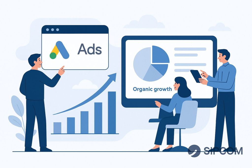 Ilustración 2D representando campañas de Google Ads con gráficas de rendimiento, anuncios destacados.